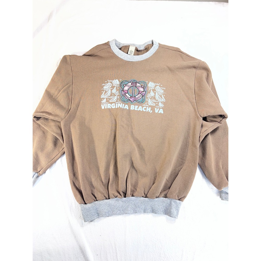 Vintage Virginia Beach VA Graphic Sweatshirt Tan Gray Crewneck Large